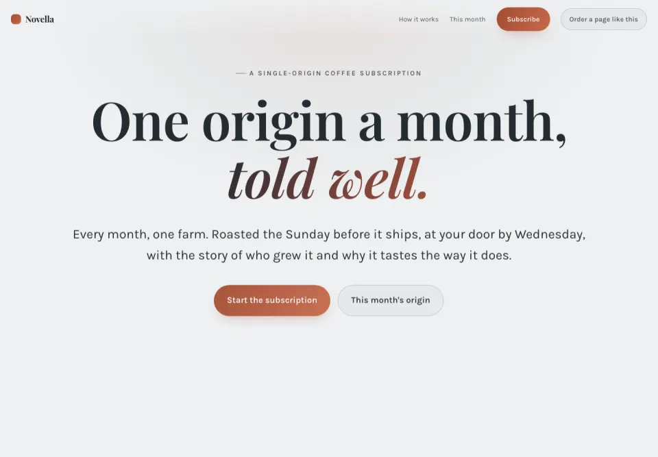 Novella generated landing page preview